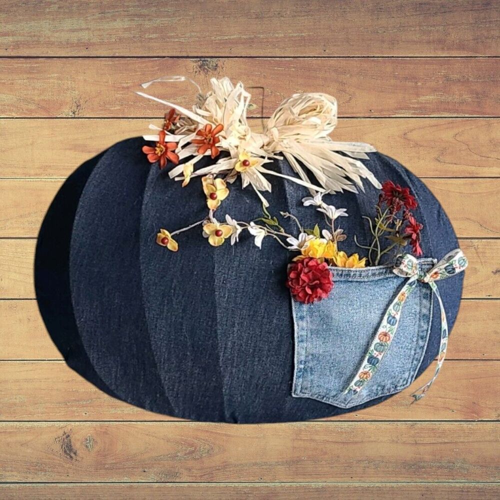 ON SALE Denim Pumpkin Wall Door Hanger Rafia Bow Fall Thanksgiving Decor 18x14